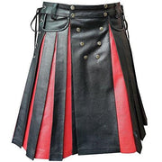 Black & Red Leather Gladiator Pleated Utility Kilt Flat Front Pocket - #Kilts Boutique#