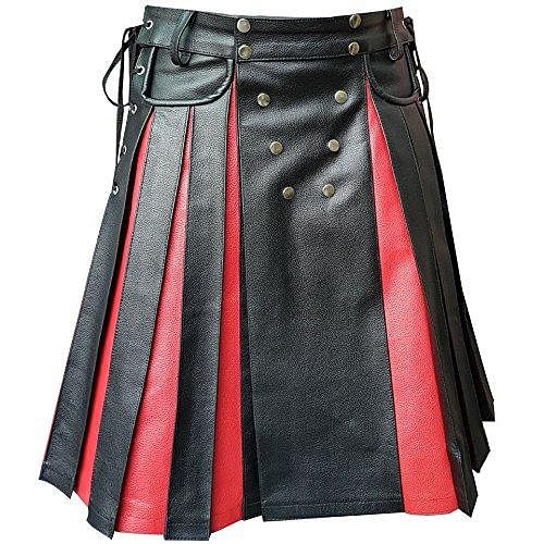 Black & Red Leather Gladiator Pleated Utility Kilt Flat Front Pocket - #Kilts Boutique#
