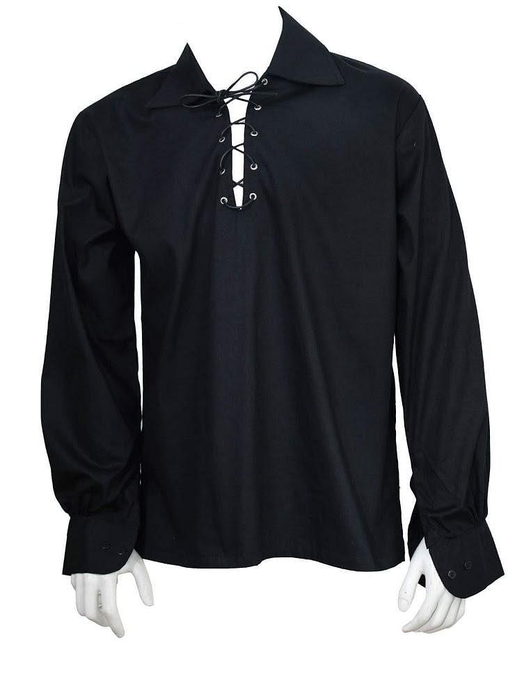 Black Scottish Men's Kilt Jacobite Ghillie Shirt with Leather Cord - #Kilts Boutique#