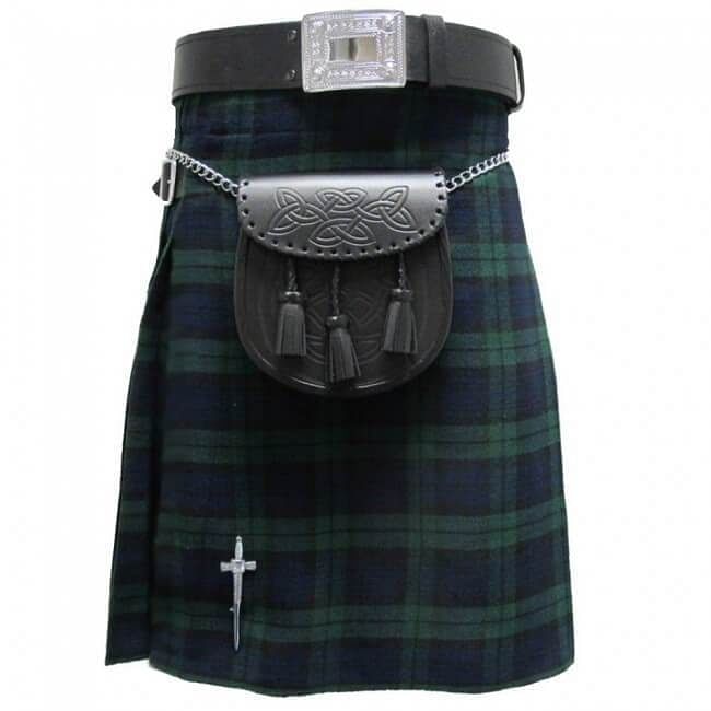 Black Watch Tartan  Traditional Scottish Men's Kilt Outfit Pin, Buckle, Belt, Sporran Set