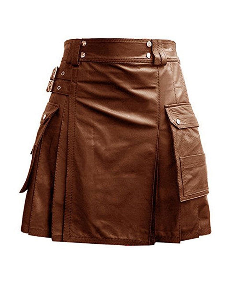 Brown Leather Kilt Flat Front & Twin Cargo Pockets Cowhide Leather - #Kilts Boutique#