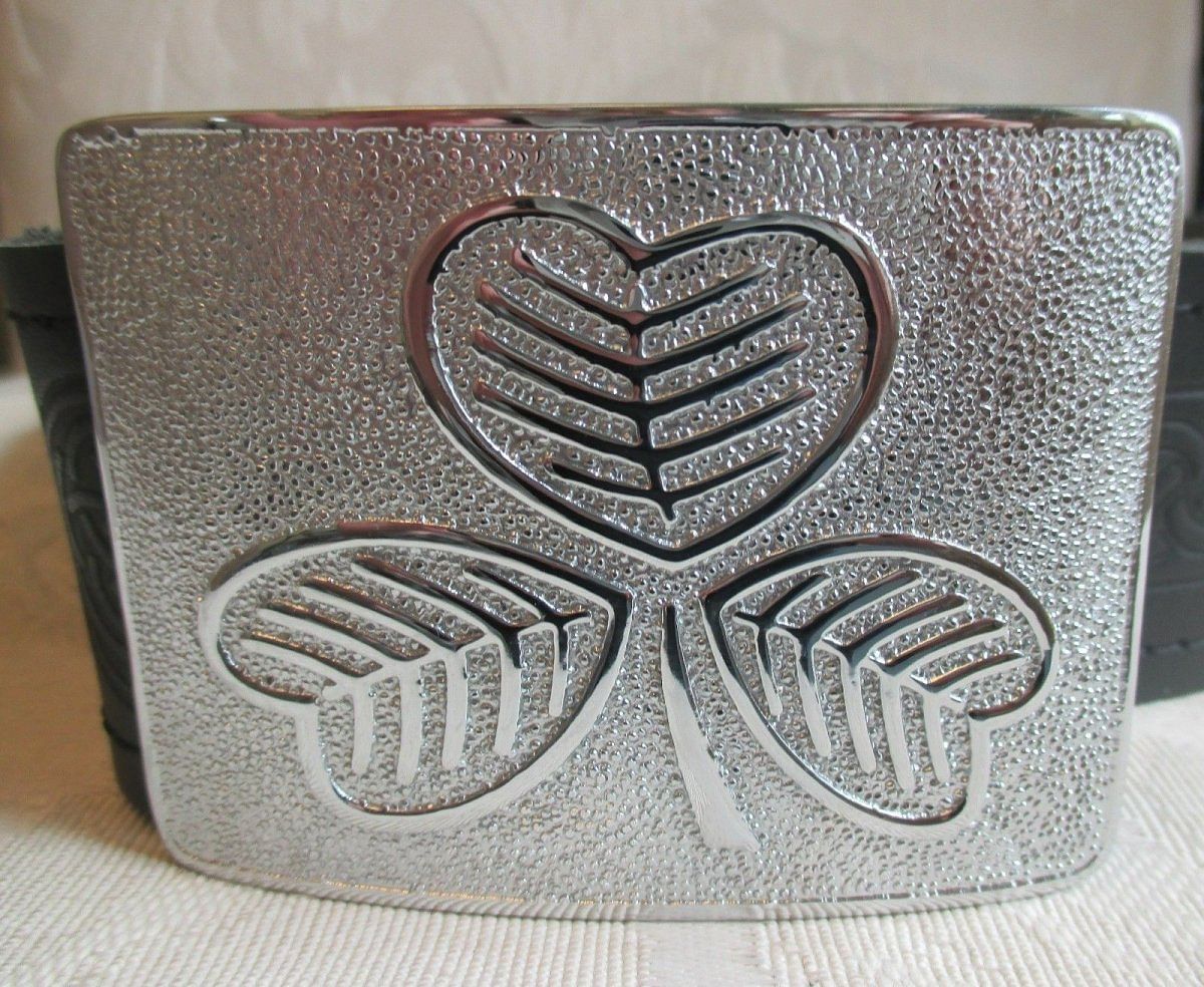 Celtic Embossed Black Leather Belt & Irish Shamrock Buckle Kilt - #Kilts Boutique#