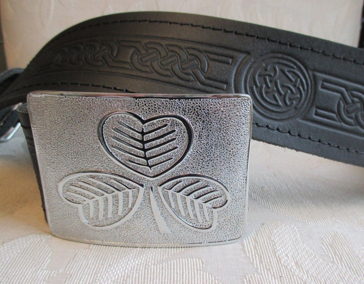 Celtic Embossed Black Leather Belt & Irish Shamrock Buckle Kilt - #Kilts Boutique#