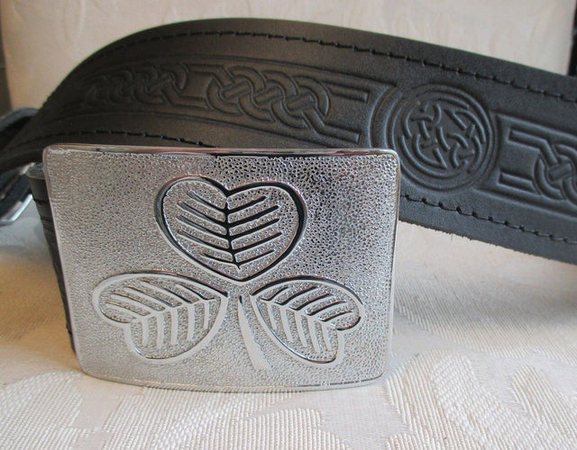 Celtic Embossed Black Leather Belt & Irish Shamrock Buckle Kilt - #Kilts Boutique#