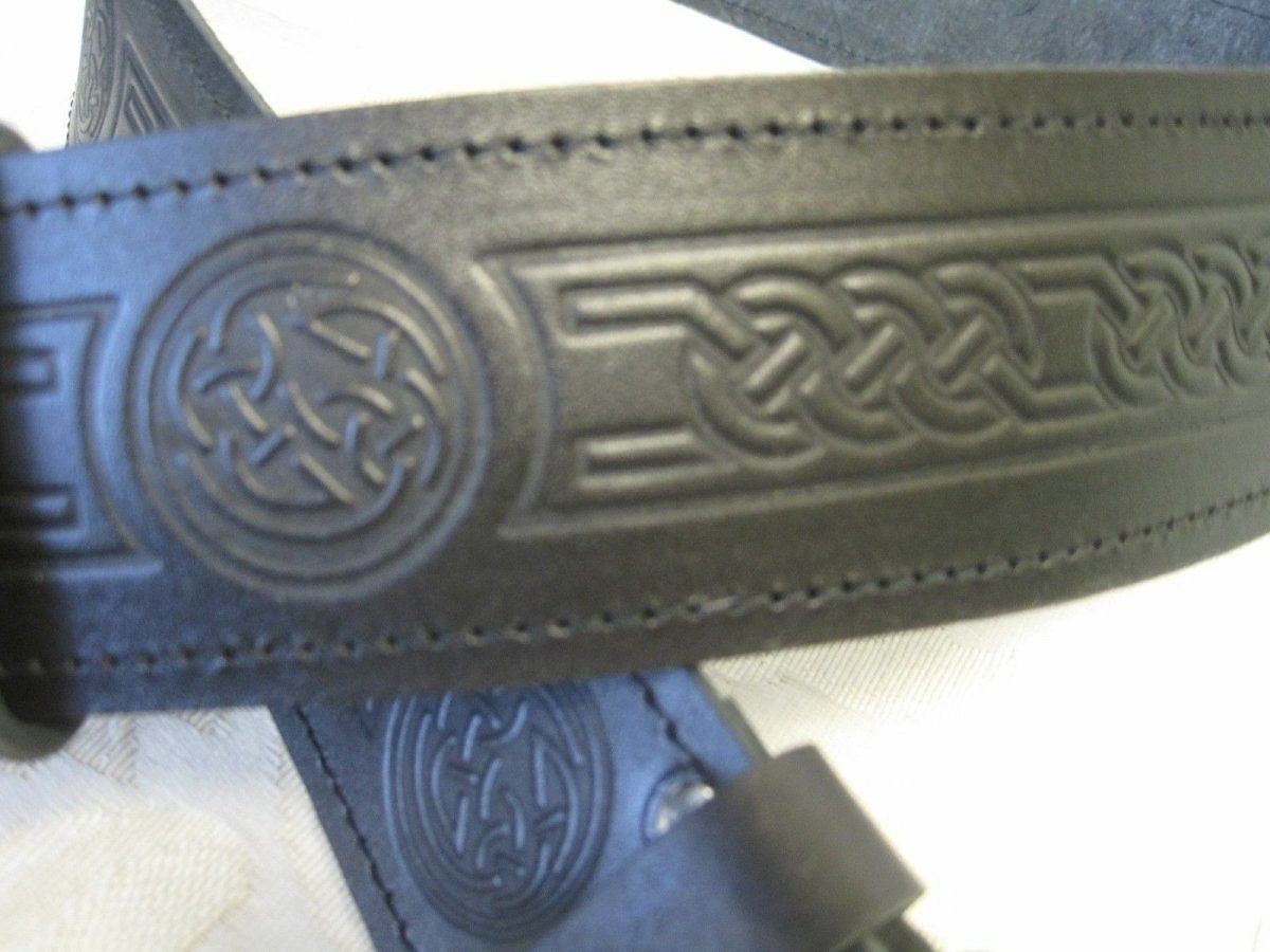 Celtic Embossed Black Leather Belt & Irish Shamrock Buckle Kilt - #Kilts Boutique#