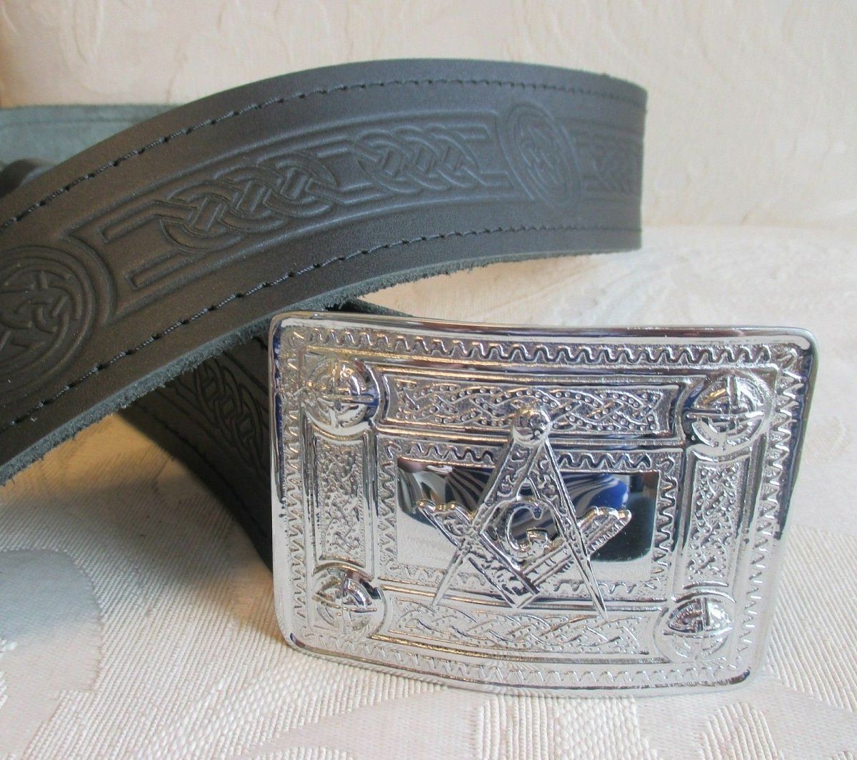 Celtic Embossed Black Leather Belt & Masonic Buckle * Scottish Men's Kilt - #Kilts Boutique#