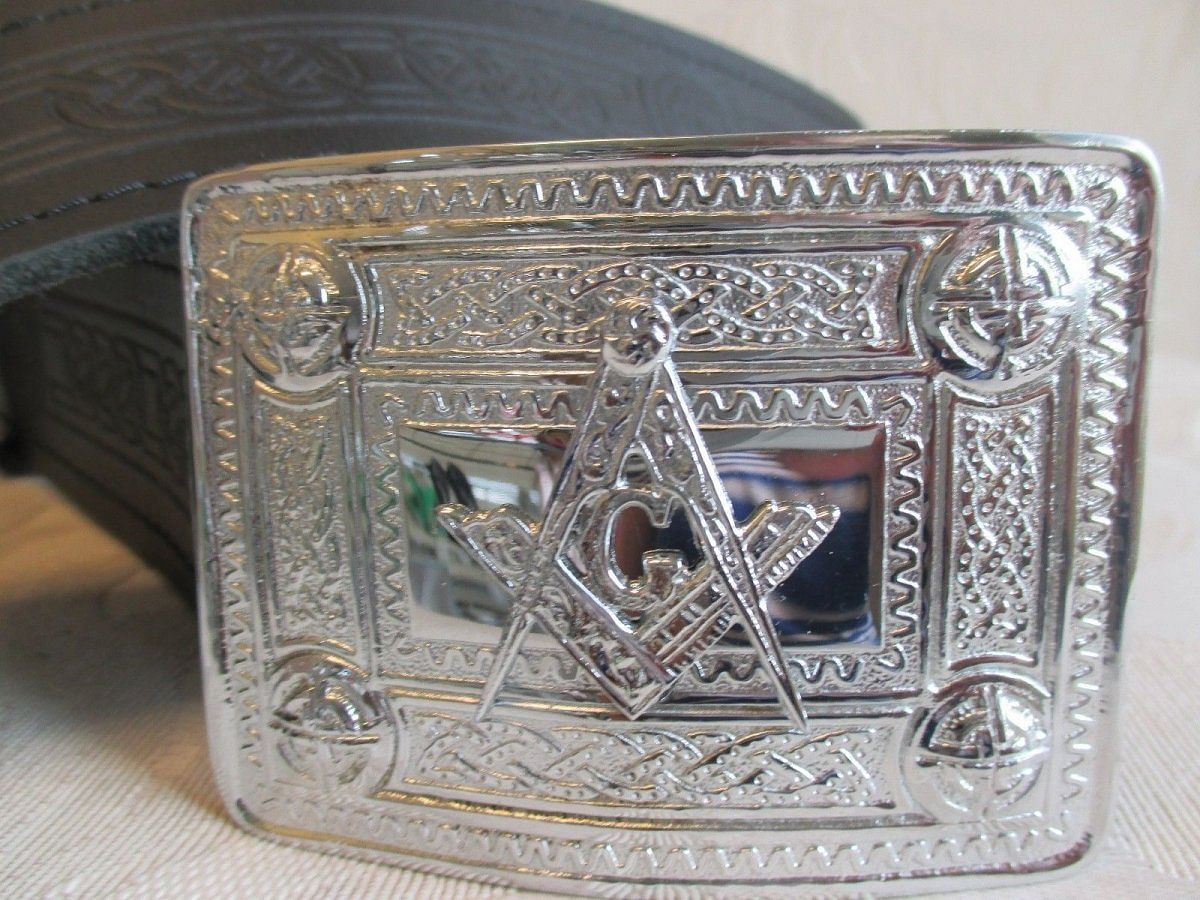 Celtic Embossed Black Leather Belt & Masonic Buckle * Scottish Men's Kilt - #Kilts Boutique#