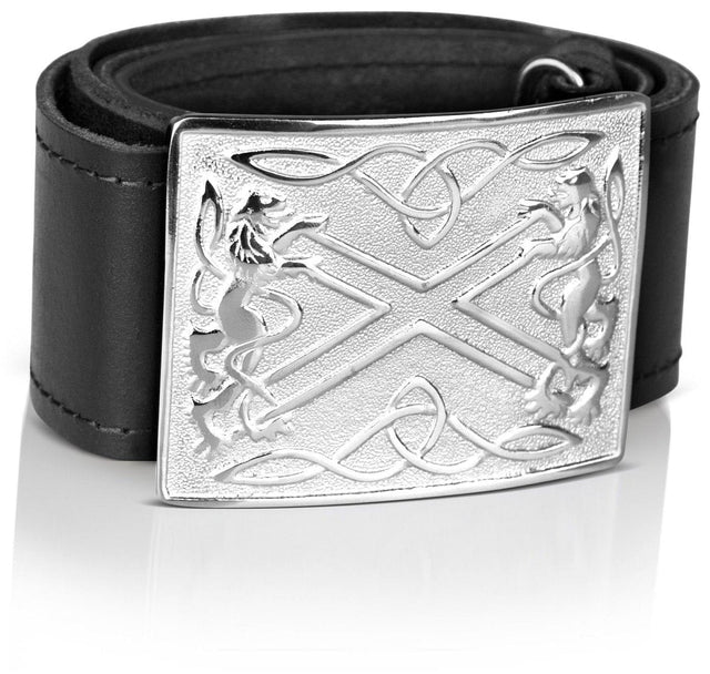 Celtic Embossed Black Leather Belt & Saltier Rampant Lion Scottish Buckle - #Kilts Boutique#