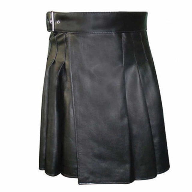 Black Leather Highland Gladiator Viking Pleats Leather Kilt With Belt