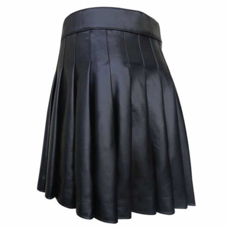 Black Leather Highland Gladiator Viking Pleats Leather Kilt With Belt