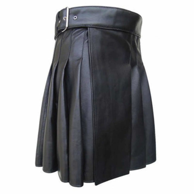 Black Leather Highland Gladiator Viking Pleats Leather Kilt With Belt