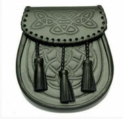 Double Embossed Black Leather Kilt Sporran With Chain & Belt With 3 Tassels - #Kilts Boutique#