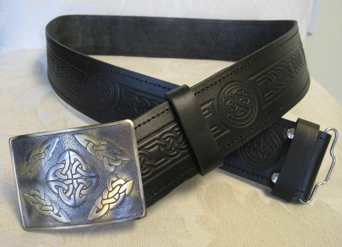 Embossed Celtic Knot Leather Belt & Antiqued Celtic Buckle Scottish Men's Kilt - #Kilts Boutique#