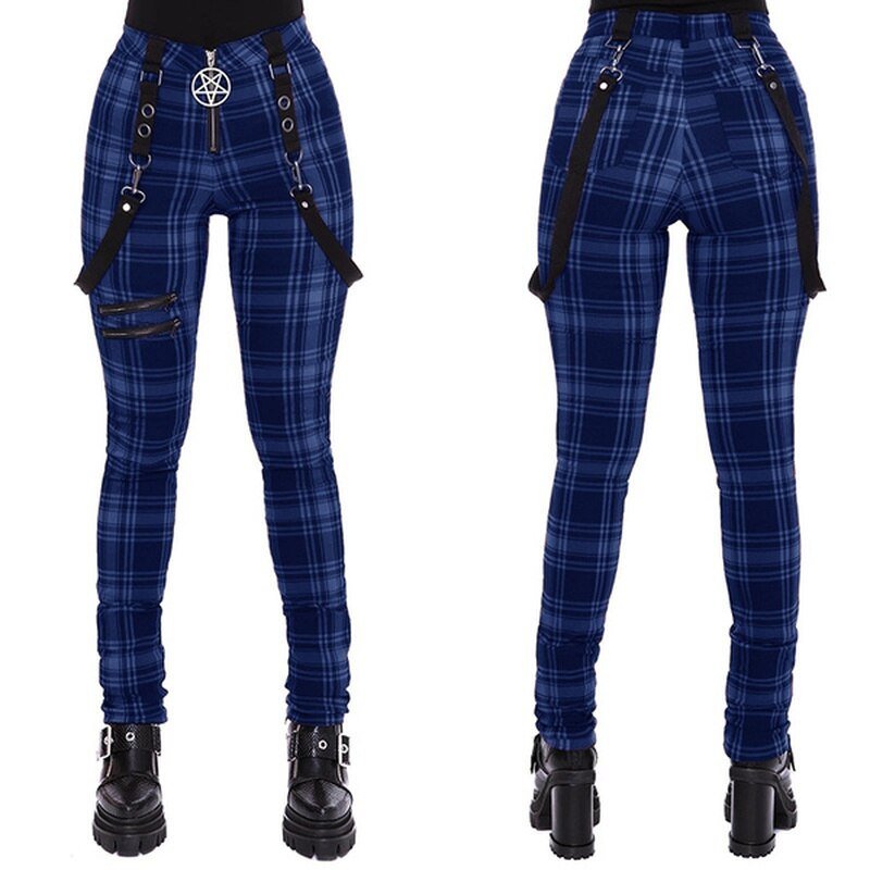 Gothic Pants Women Fashion High Waist Zipper Blue Plaid Punk Style Pants Streetwear fashion Casual Ladies Trousers - #Kilts Boutique#