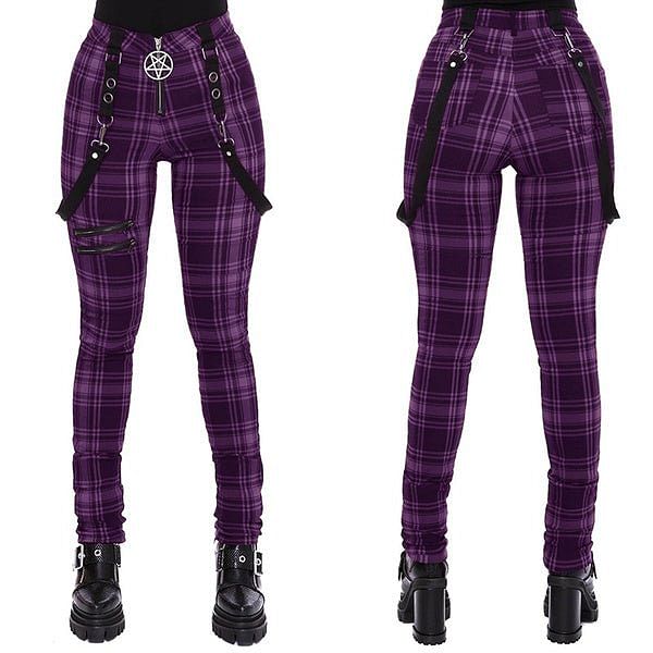 Gothic Pants Women Fashion High Waist Zipper Purple Plaid Punk Style Pants Streetwear fashion Casual Ladies Trousers - #Kilts Boutique#