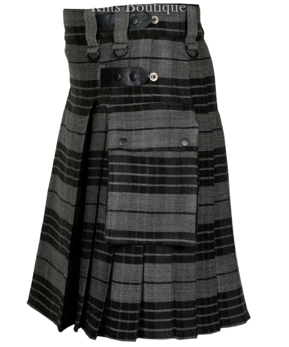 Gray Watch Tartan Scottish Men Utility Modern Kilt 2 side Cargo Pockets Length 24" - #Kilts Boutique#