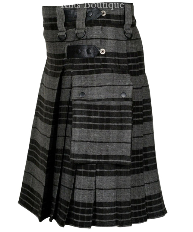 Gray Watch Tartan Scottish Men Utility Modern Kilt 2 side Cargo Pockets Length 24" - #Kilts Boutique#