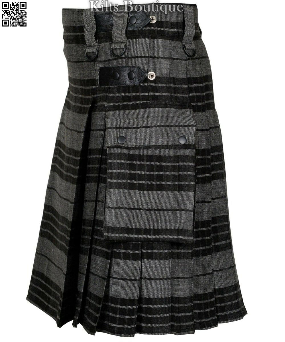 Gray Watch Tartan Scottish Men Utility Modern Kilt 2 side Cargo Pockets Length 24" - #Kilts Boutique#