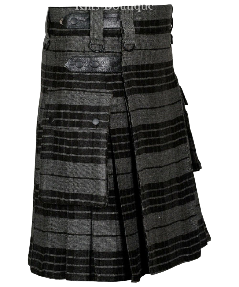Gray Watch Tartan Scottish Men Utility Modern Kilt 2 side Cargo Pockets Length 24" - #Kilts Boutique#
