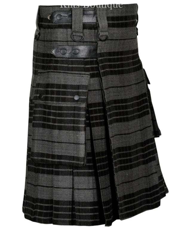 Gray Watch Tartan Scottish Men Utility Modern Kilt 2 side Cargo Pockets Length 24" - #Kilts Boutique#