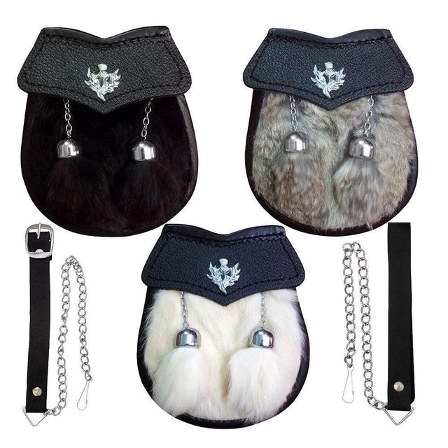 Grey Kids Scottish & Highland Kilt Sporran for Child's Rabbit Fur 2 Tassels Thistle - #Kilts Boutique#