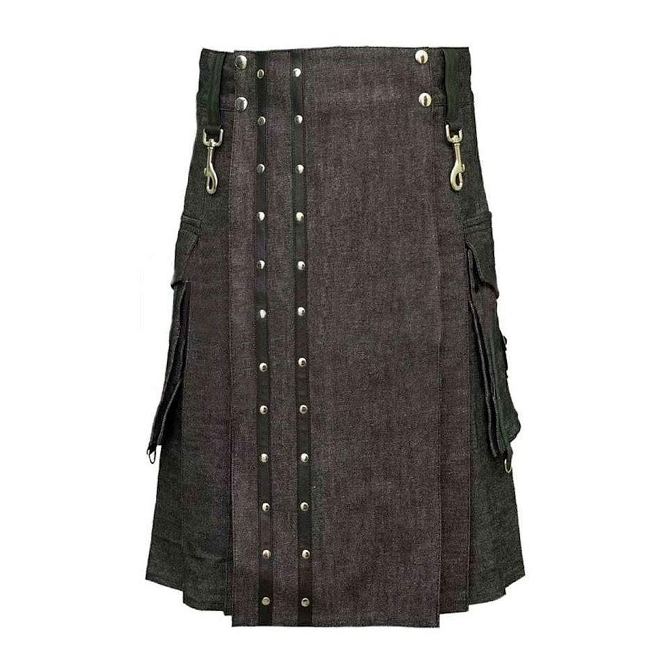 Heavy Denim Kilt Durable Fabric With Straps Flap Pockets - #Kilts Boutique#