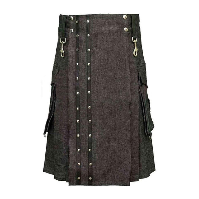 Heavy Denim Kilt Durable Fabric With Straps Flap Pockets - #Kilts Boutique#