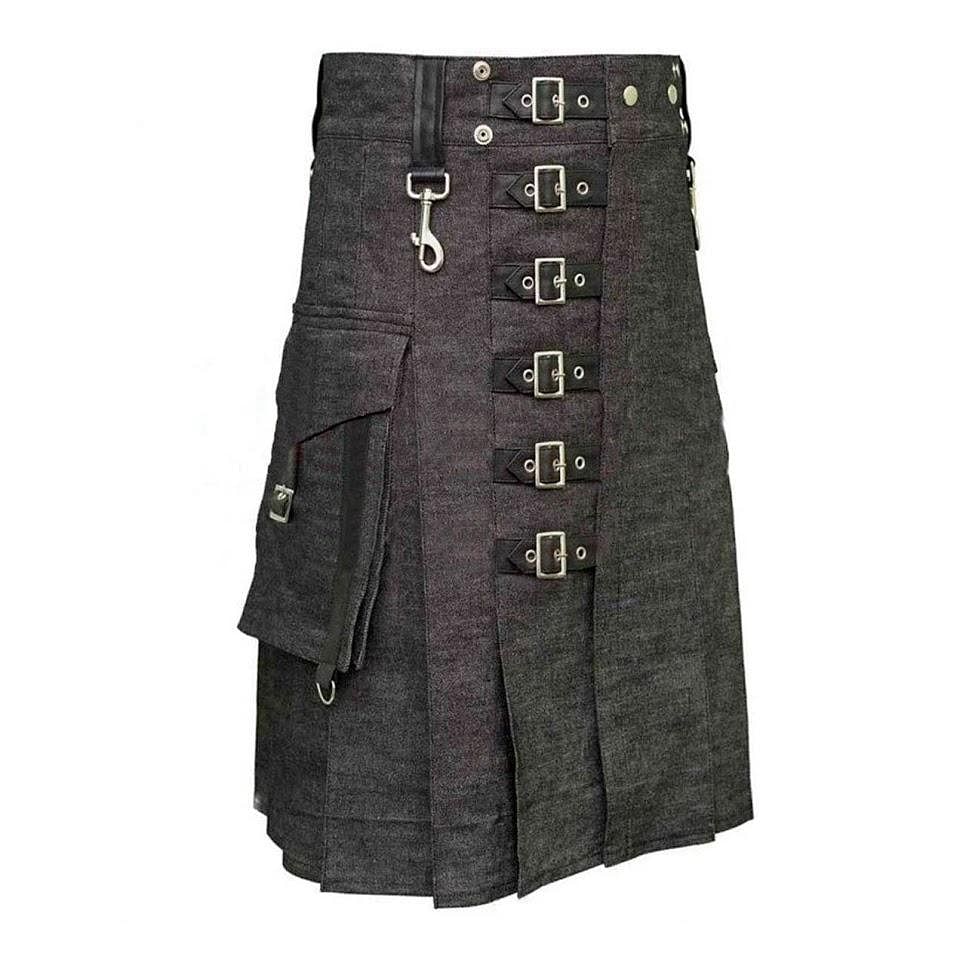 Heavy Denim Kilt Durable Fabric With Straps Flap Pockets - #Kilts Boutique#