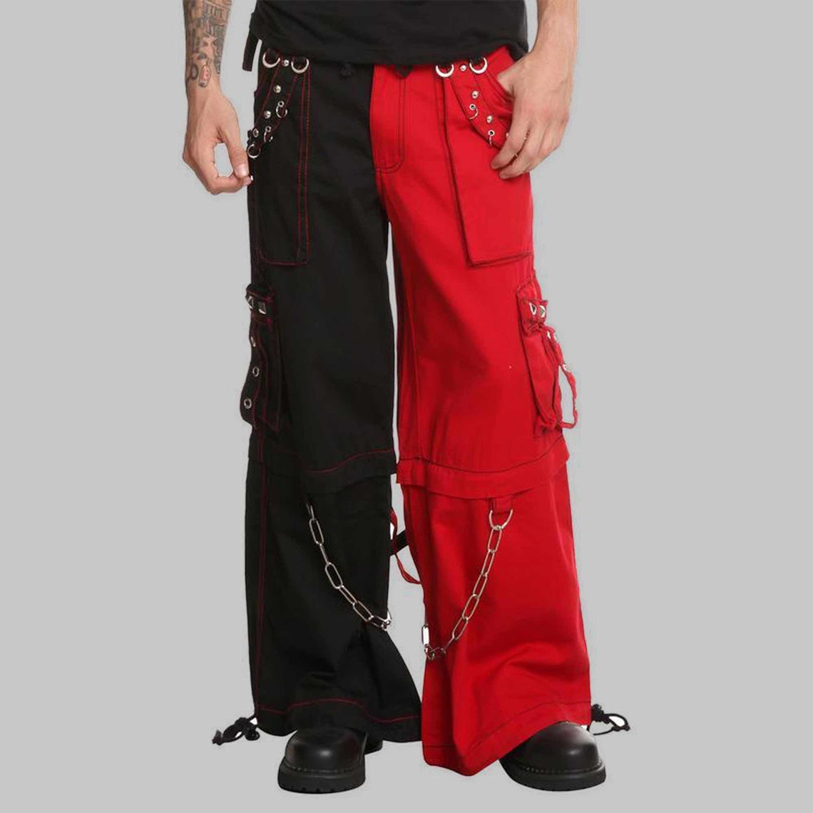 Mens Gothic Loose Wide Leg Baggy Bondage Pants Kendo Style Chain
