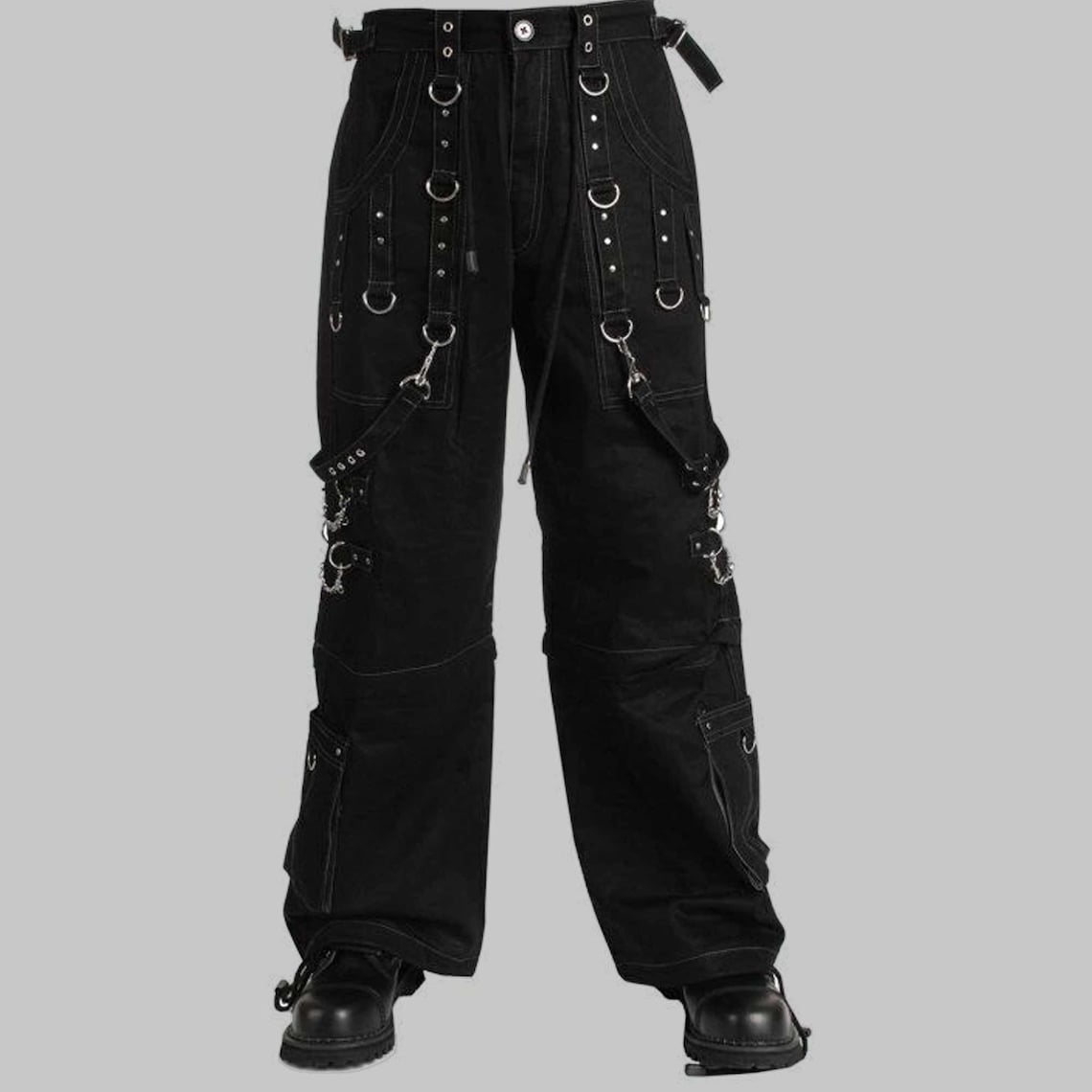 Men's black Gothic cyber trousers with bondage straps and metal studs, featuring multiple cargo pockets and grey trim.