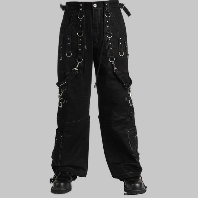 Men's black Gothic cyber trousers with bondage straps and metal studs, featuring multiple cargo pockets and grey trim.