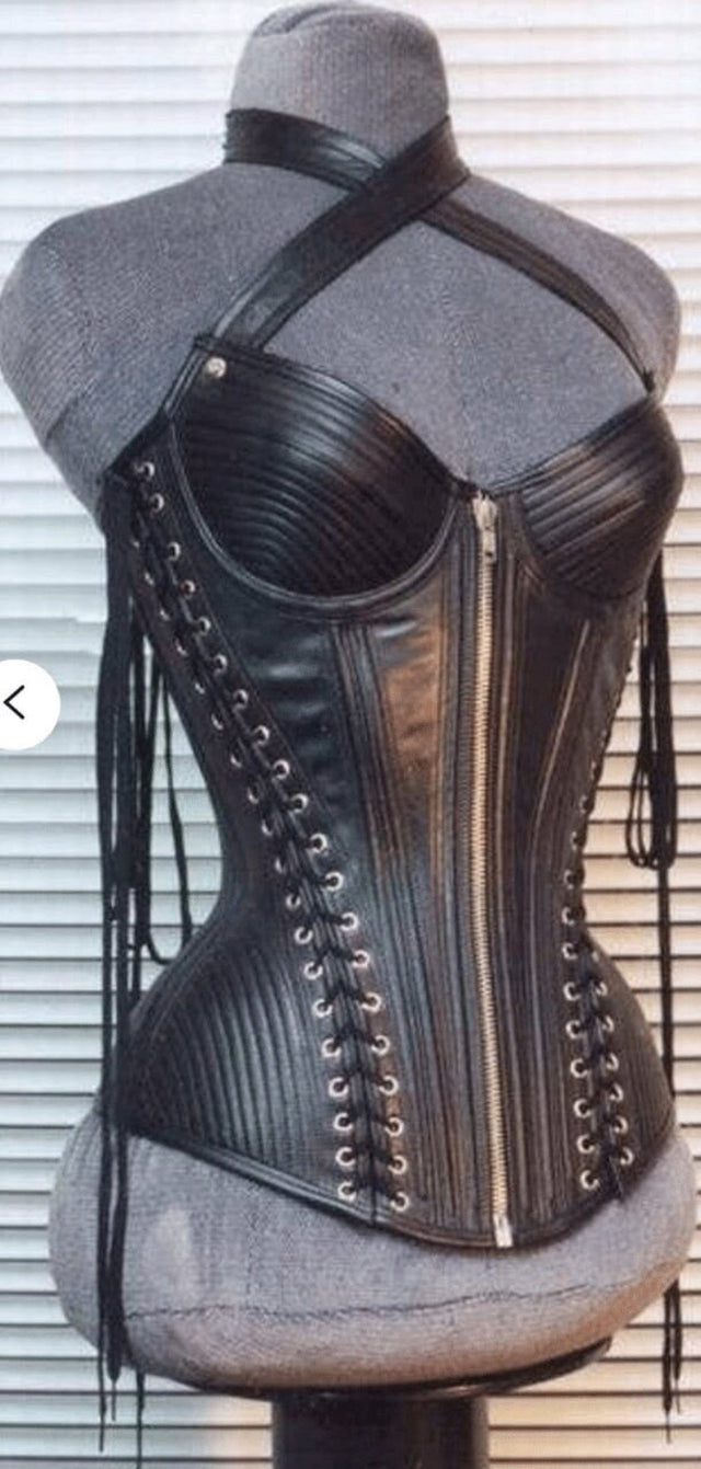 Leather & Stainless Steel Spiral Bones Over Bust Corset Black Women's