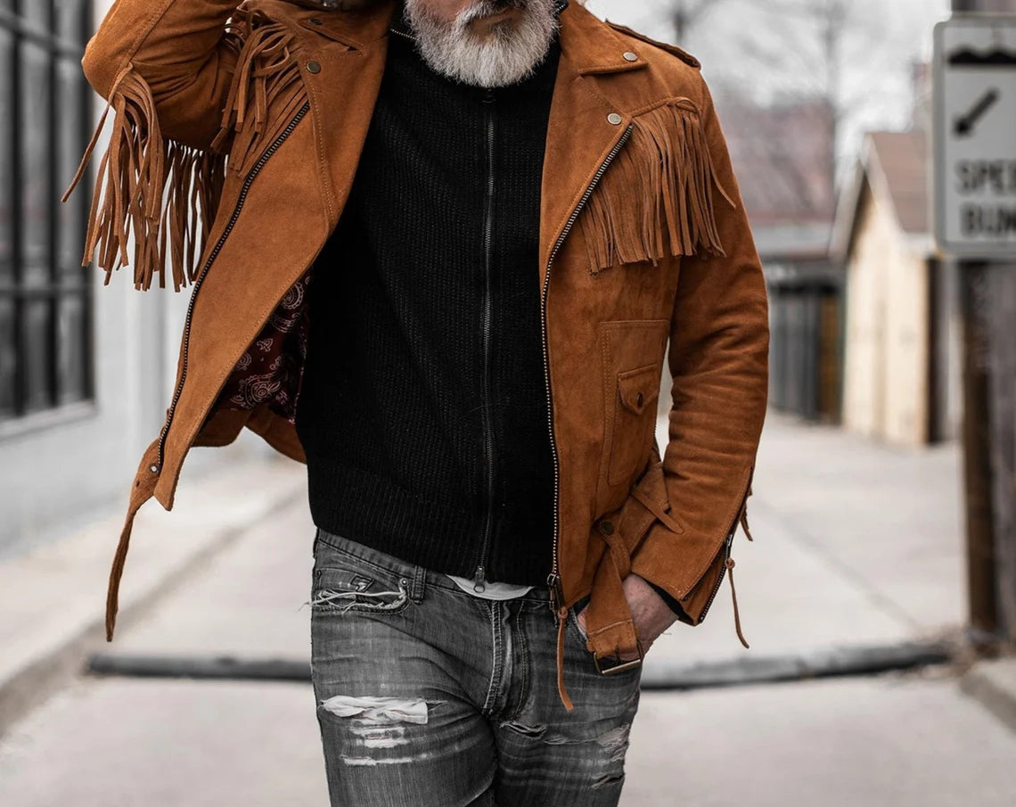 Men's Brown 100% Genuine Suede Leather Belted Fringe Jacket, Midwest Western Style Fringe Jacket