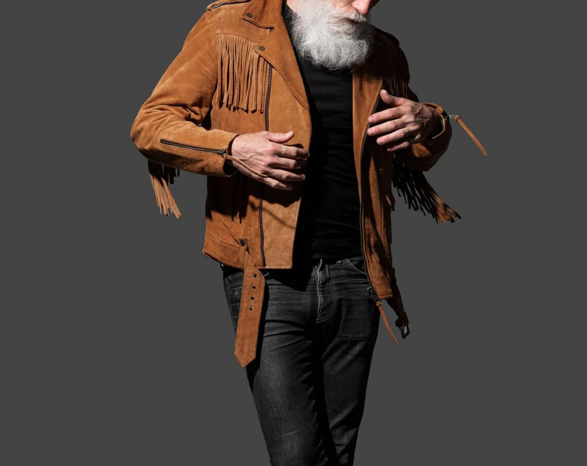 Men's Brown 100% Genuine Suede Leather Belted Fringe Jacket, Midwest Western Style Fringe Jacket