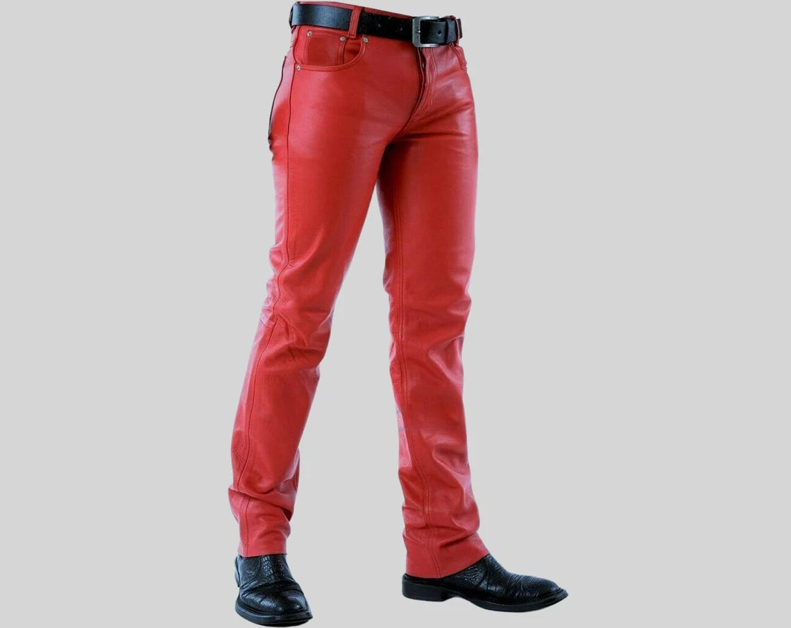 Handmade Real Leather Jeans Red Men's Trouser Pant