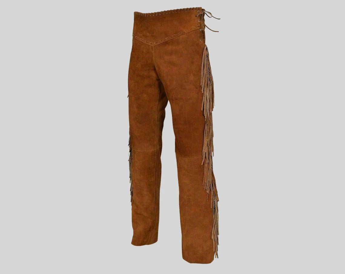 Native American Handmade cowboy style Fringe Beaded Suede Leather Pant