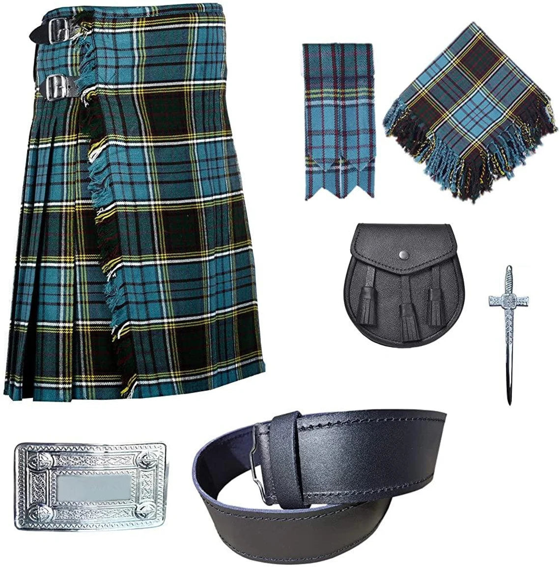 Anderson  8 yard  Scottish Highland 7 Pieces kilt outfit  Kilt, Leather Sporran , Kilt Pin , Tartan Flashes , Fly plaid , Belt Buckle