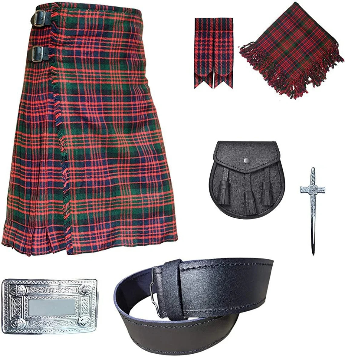 8 yard  Great Scottish Highland 7 Pieces kilt outfit  Kilt, Leather Sporran , Kilt Pin , Tartan Flashes , Fly plaid , Belt Buckle