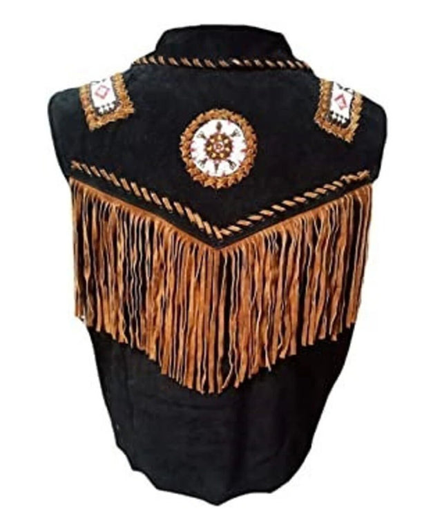 Men's Cowboy Fringes, Bones & Beads Suede Leather Stylish Vest