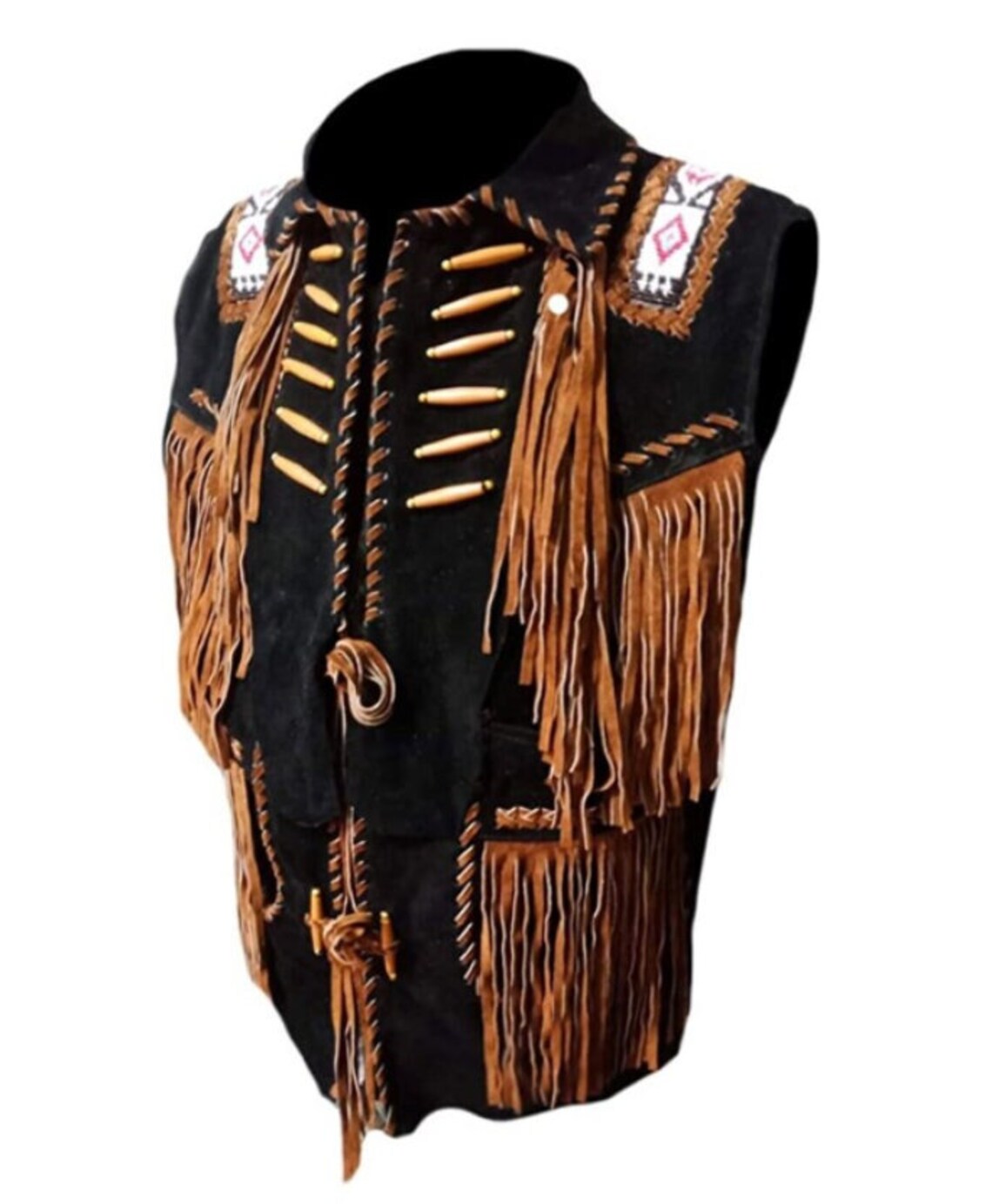 Men's Cowboy Fringes, Bones & Beads Suede Leather Stylish Vest