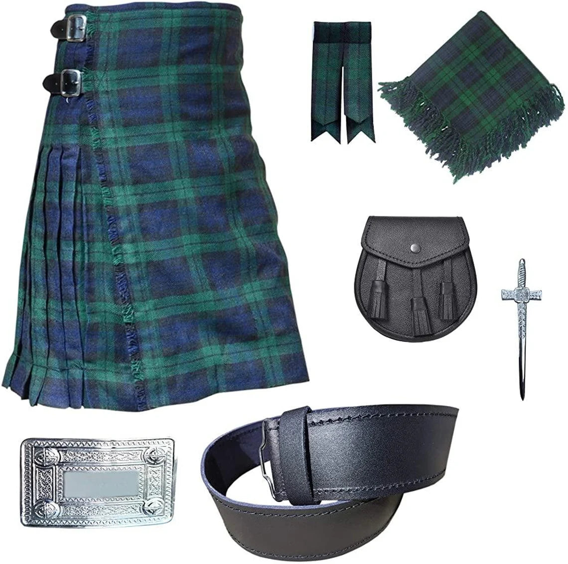 8 yard  Great Scottish Highland 7 Pieces kilt outfit  Kilt, Leather Sporran , Kilt Pin , Tartan Flashes , Fly plaid , Belt Buckle