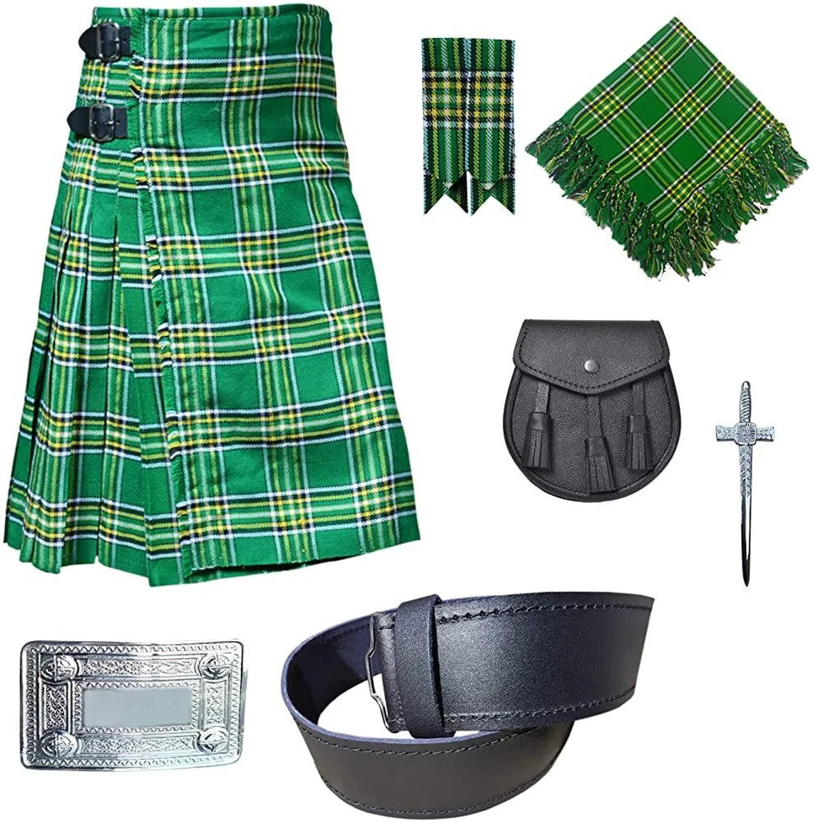 8 yard  Great Scottish Highland 7 Pieces kilt outfit  Kilt, Leather Sporran , Kilt Pin , Tartan Flashes , Fly plaid , Belt Buckle
