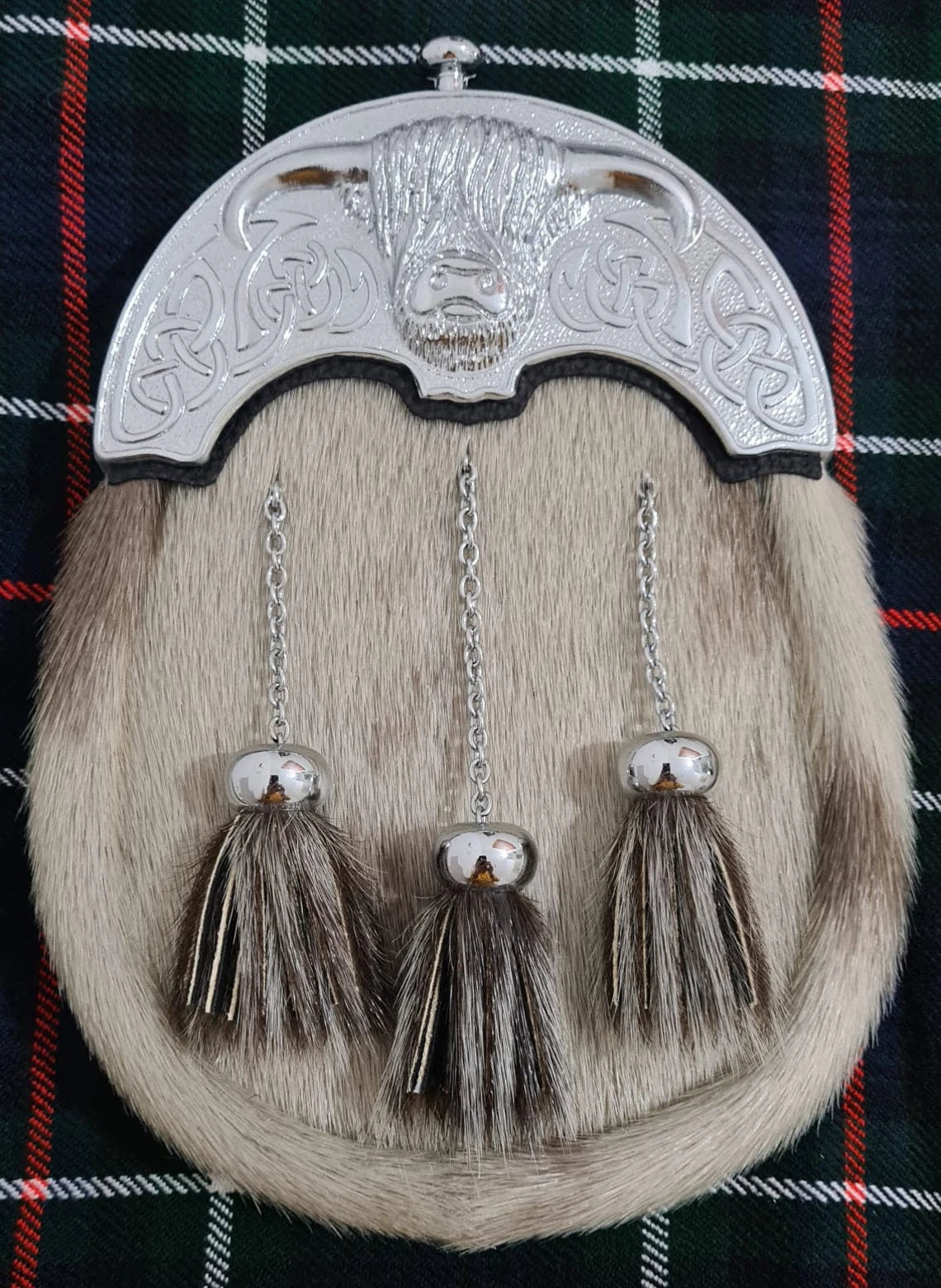 Scottish Full-Dress Real Leather Sporran Handcrafted, Celtic Stag Cantle With 3 tassels.