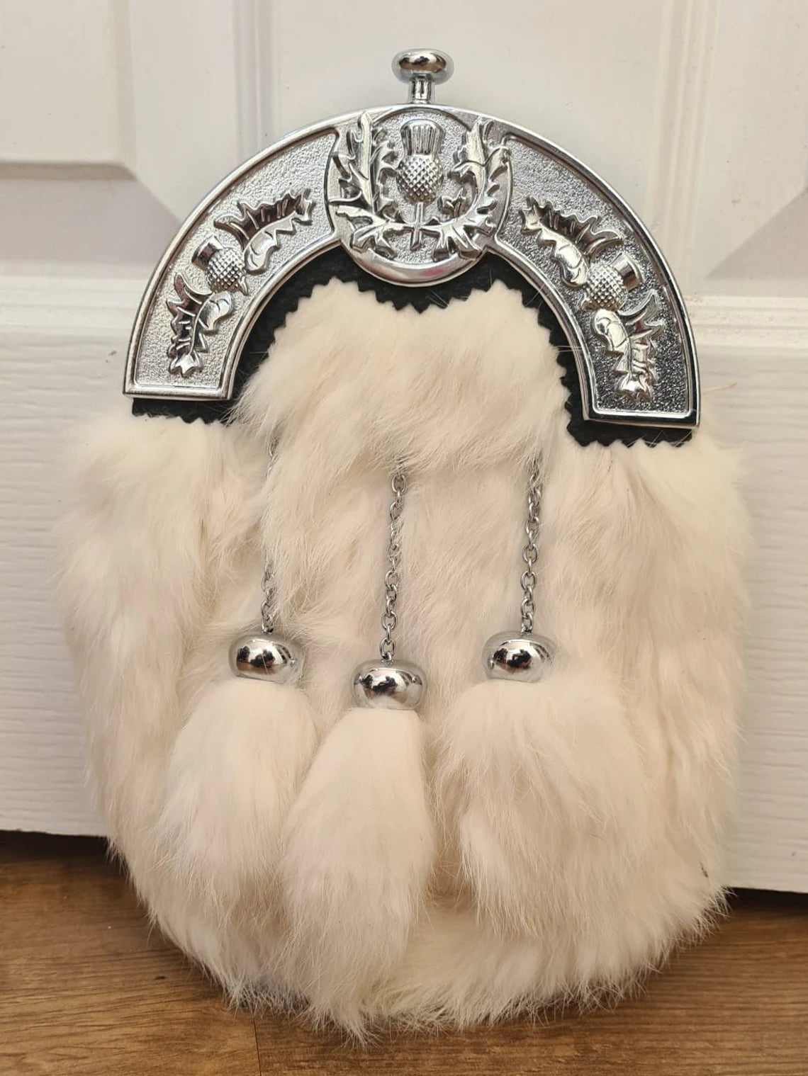 Full Dress Sporran Thistle Cantle, Chrome Finish Rabbit Fur Sporran with 3 Tassels
