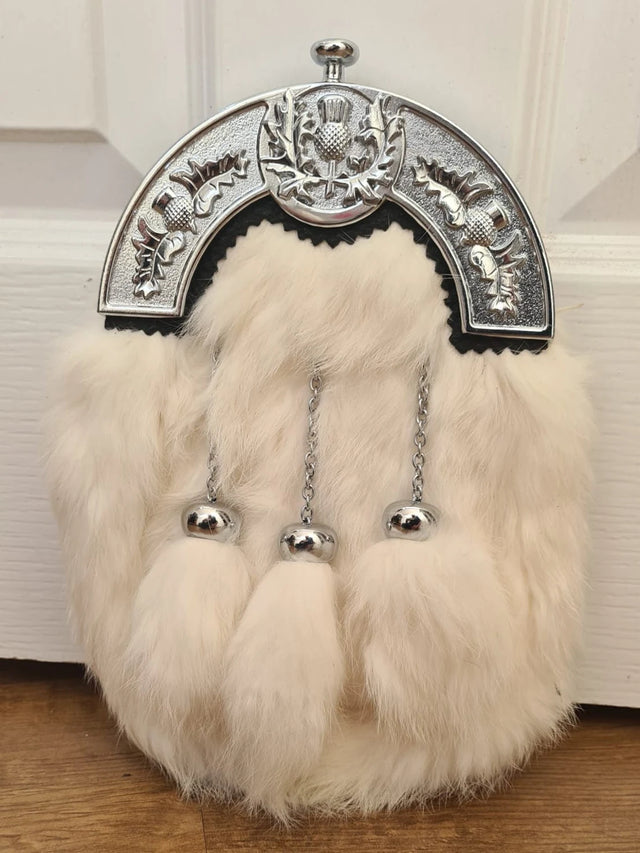 Full Dress Sporran Thistle Cantle, Chrome Finish Rabbit Fur Sporran with 3 Tassels