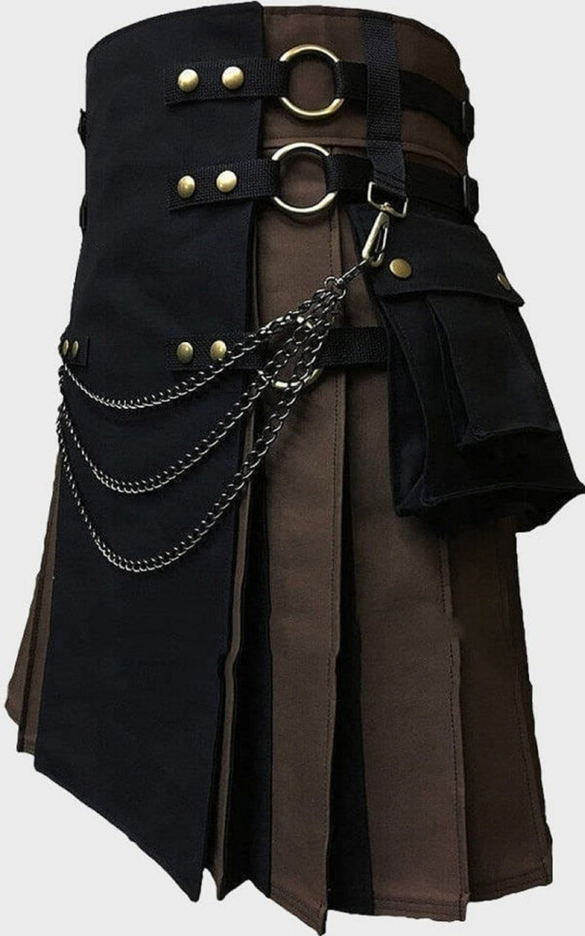 Black & Brown 100% Cotton Pleats Canvas Cargo Utility Kilt