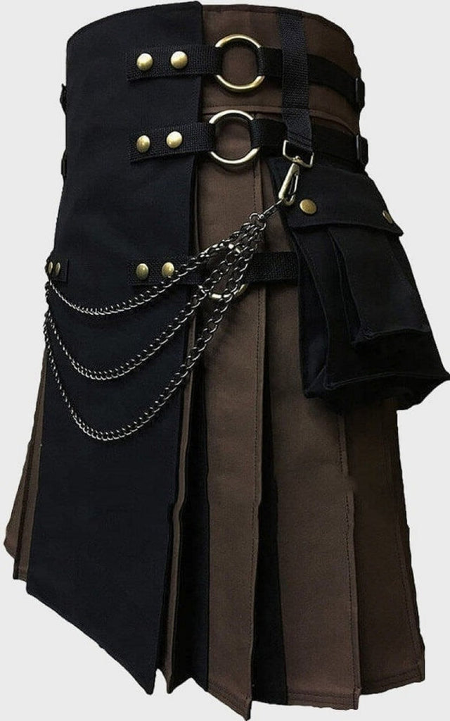 Black & Brown 100% Cotton Pleats Canvas Cargo Utility Kilt