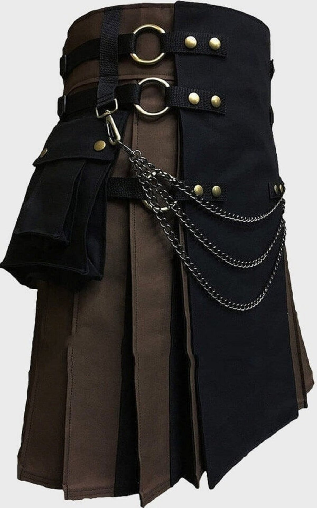 Black & Brown 100% Cotton Pleats Canvas Cargo Utility Kilt