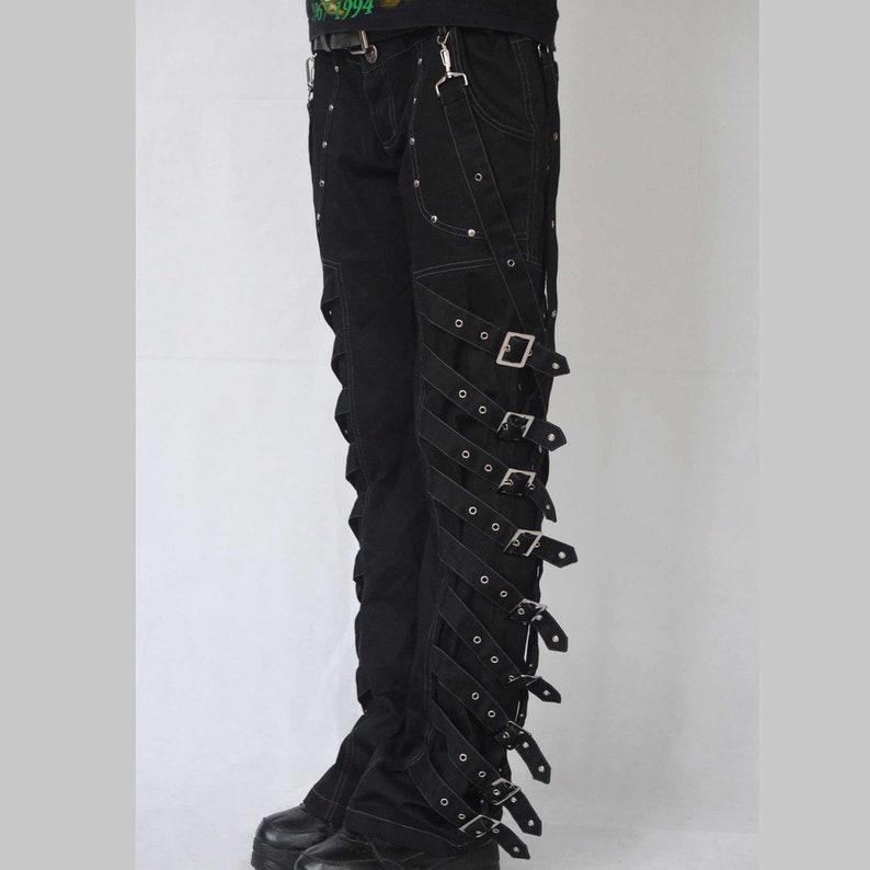 New Men Gothic Pink Tripp Pants Trouser Black Straps Punk Rock Metal Chain  Pant