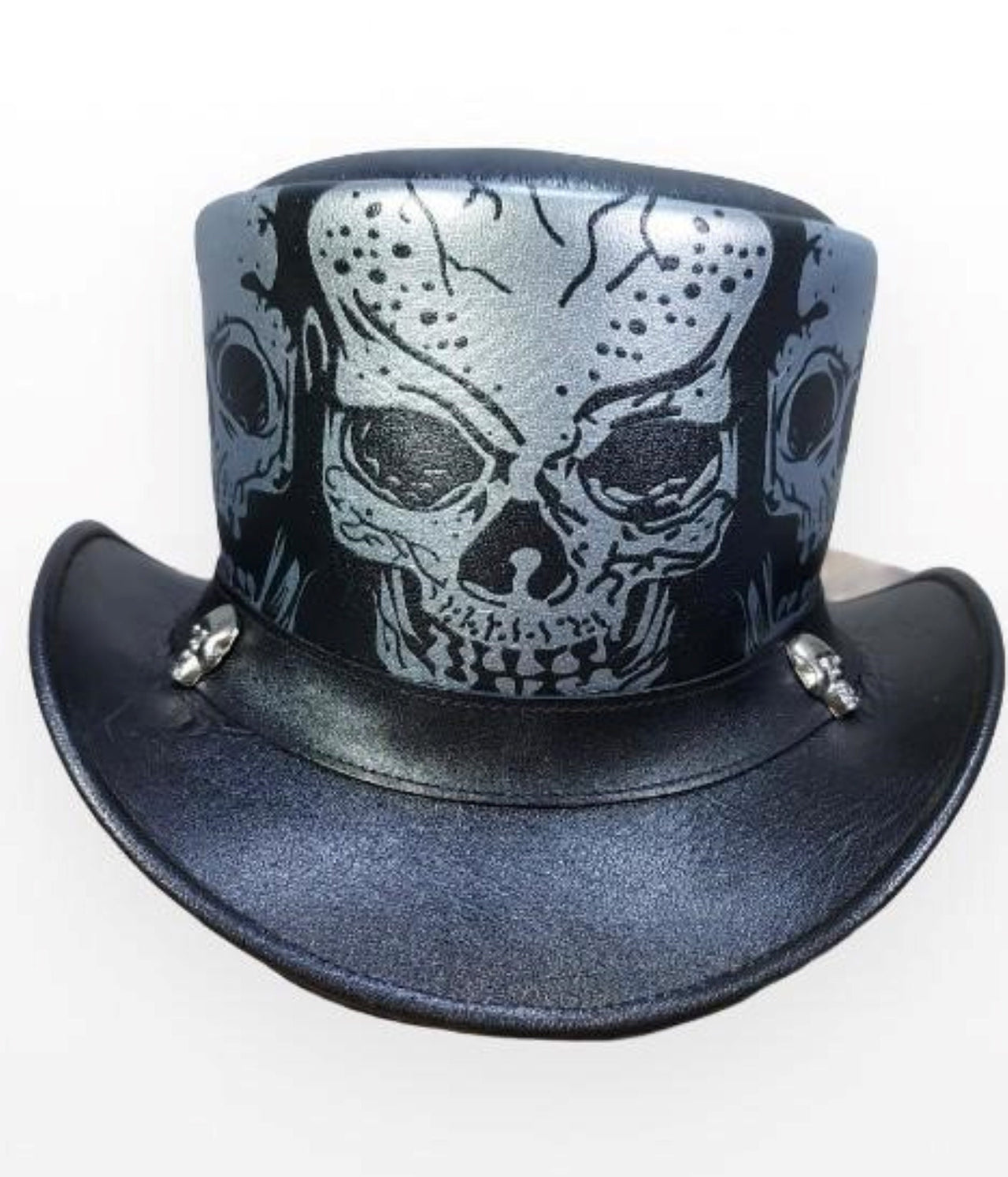 Leather Top Hat Skull Print  Black & silver Real Leather Handmade